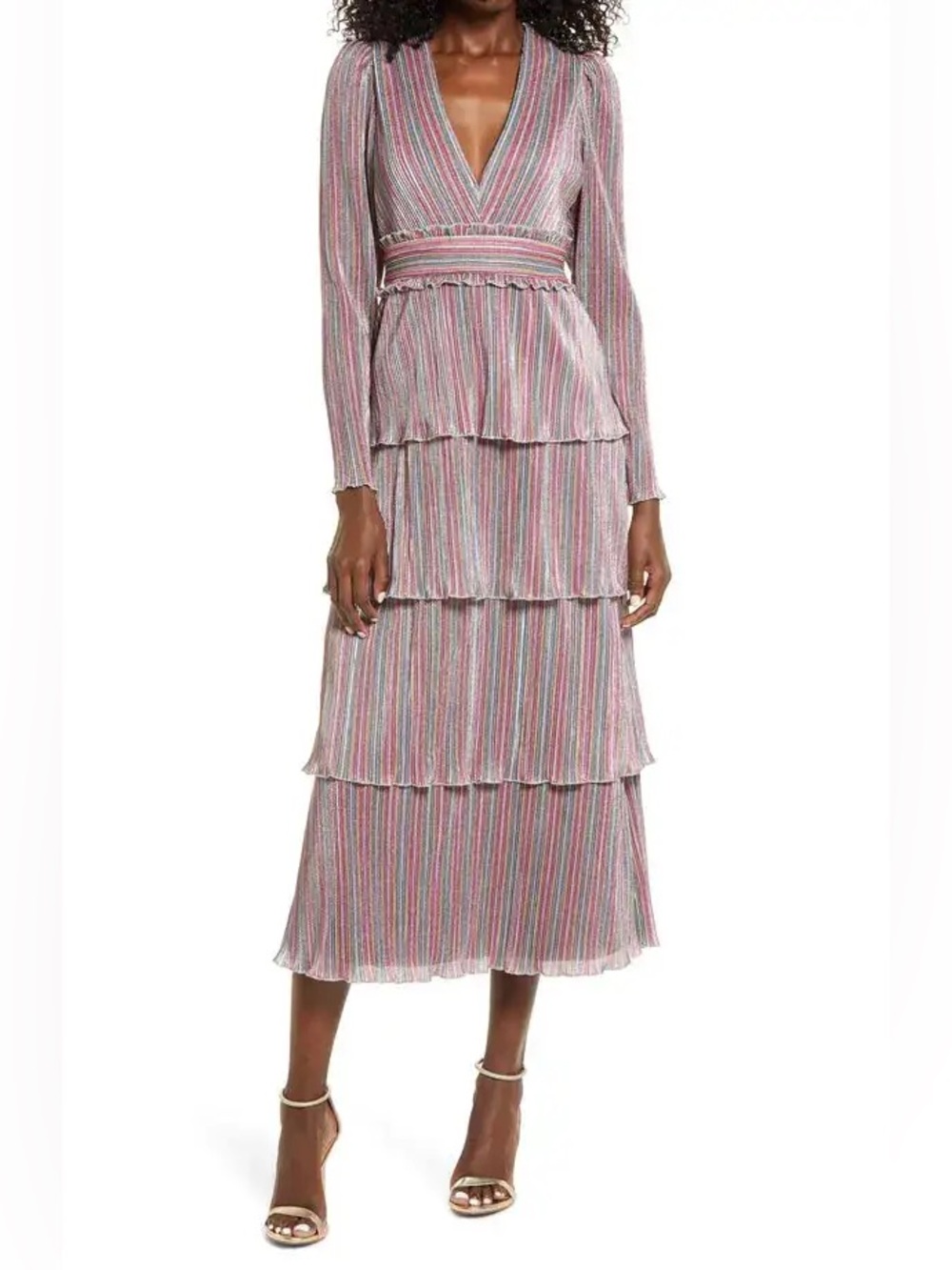 NWT Saylor Allison Long Sleeve Tiered Midi Dress multicolor shimmer stripe Large